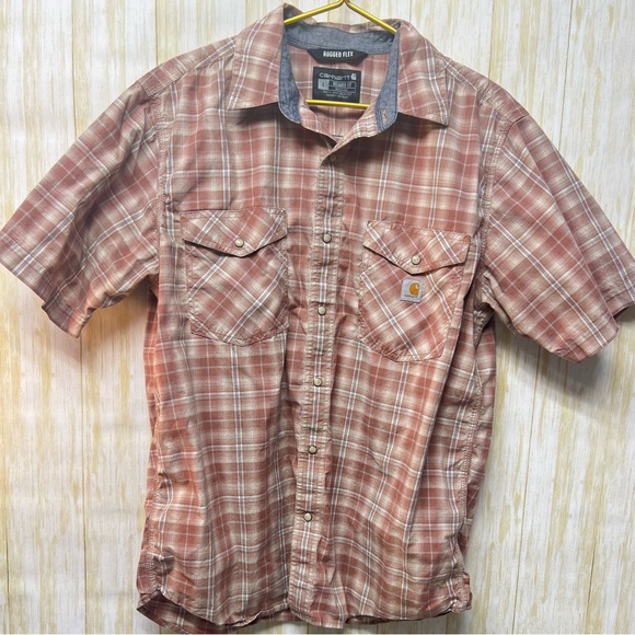 Carhartt Rugged Flex Nutmeg Plaid Relaxed Short Sleeve Snap Western Shirt - Sz L - Picture 5 of 16